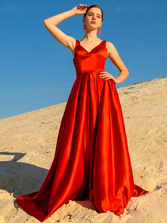 Vestido de noche de graduación de corte A/princesa, sin mangas, de satén, escote en V, con volantes y cola larga