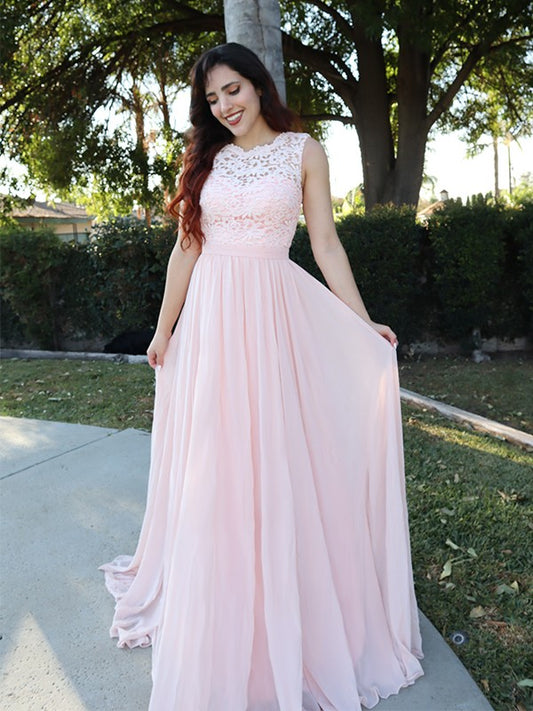 Vestido de noche de graduación de corte A/princesa, sin mangas, escote redondo, de gasa, con apliques y largo hasta el suelo