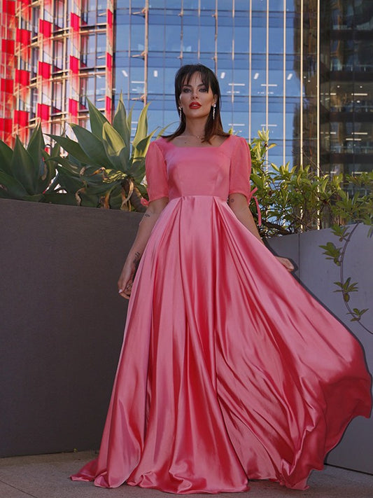 Vestido de noche de graduación con corte A/Princesa, mangas 1/2, satén imitación seda, volantes y largo hasta el suelo