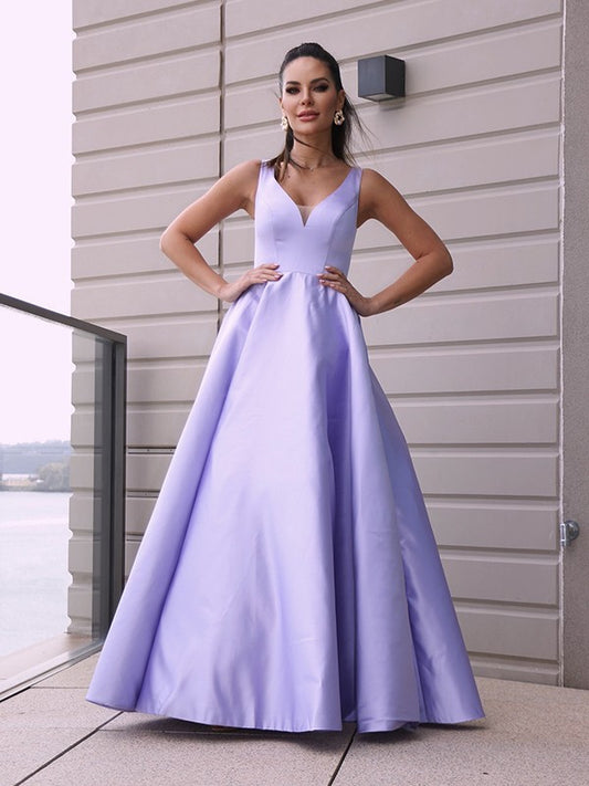 Vestido de noche de graduación de corte A/princesa, de satén, con volantes, escote en V, sin mangas y largo hasta el suelo