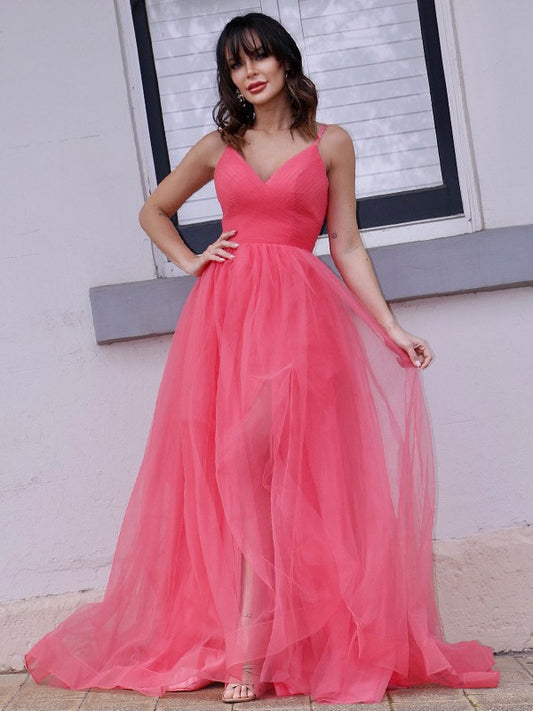 Vestido de noche de fiesta con corte A/princesa, tul, volantes, escote en V, sin mangas, cola larga