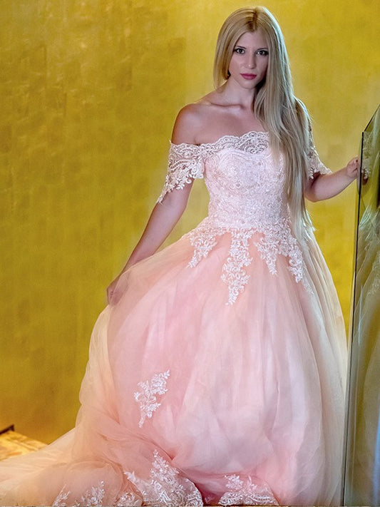 Vestido de fiesta de tul con encaje, hombros descubiertos, sin mangas, con cola de corte, vestido de noche para graduación