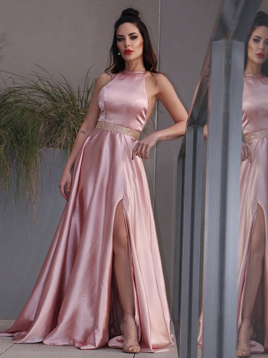 Vestido de noche de graduación con corte A/princesa, satén tipo seda, volantes, cuello halter, sin mangas, cola larga