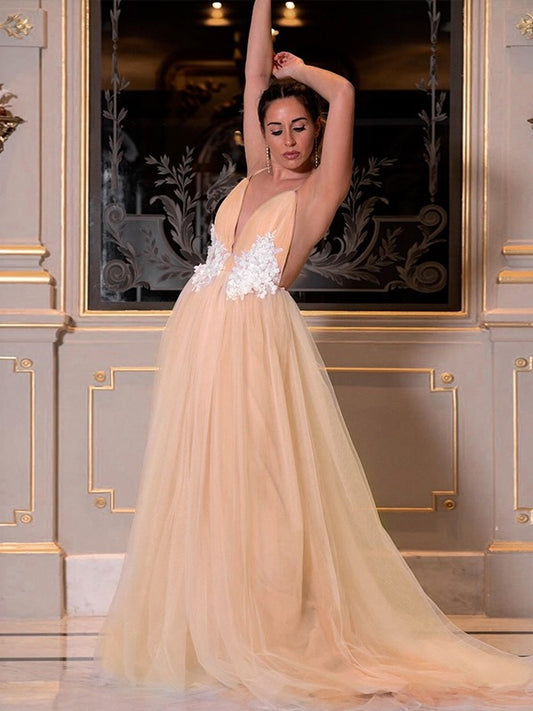 Vestido de noche de fiesta con apliques de tul, corte A/princesa, escote en V, sin mangas y cola larga