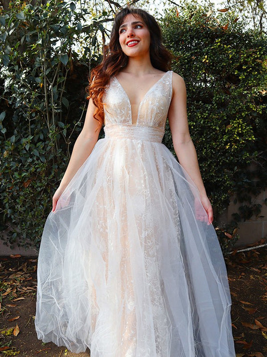 Vestido de noche de fiesta con corte A/princesa, apliques de tul, escote en V, sin mangas y largo hasta el suelo