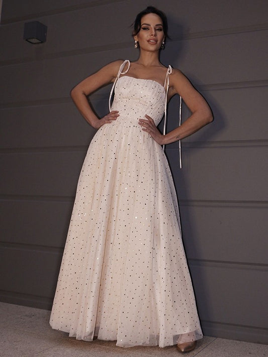 Vestido de noche de graduación con tirantes finos, sin mangas, corte A/princesa, lentejuelas y hasta el suelo
