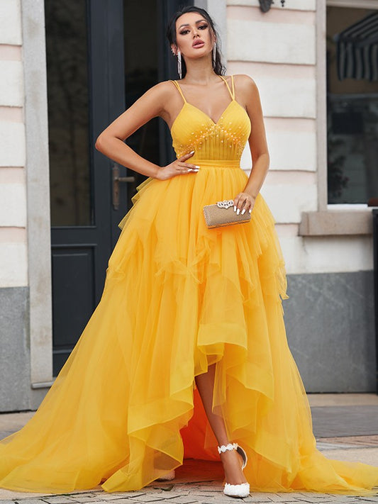 A-Line/Princess Tulle Ruffles V-neck Sleeveless Asymmetrical Dresses Prom Evening Dress Ball Gowns