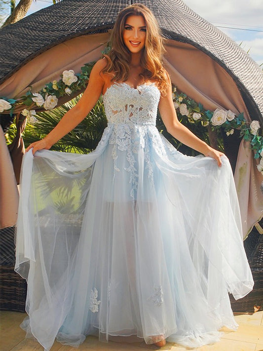 A-Line/Princess Tulle Applique Sweetheart Sleeveless Sweep/Brush Train Dresses Prom Evening Dress