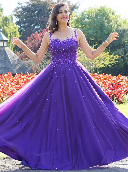 Vestido de noche de fiesta de corte A/princesa, de tul, con cuentas, escote redondo, sin mangas y largo hasta el suelo