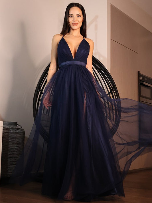Vestido de noche de fiesta de corte A/princesa, de tul, con volantes, escote en V, sin mangas y largo hasta el suelo