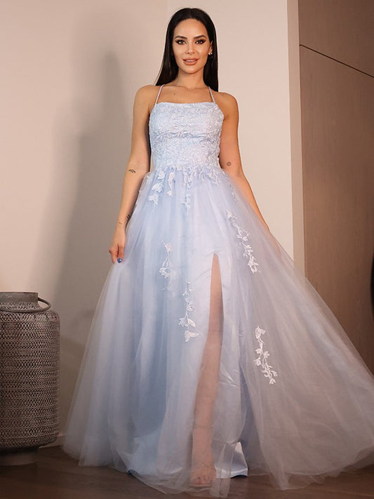 Vestido de noche de graduación con corte A/princesa, encaje, volantes, tirantes finos, sin mangas, largo hasta el suelo