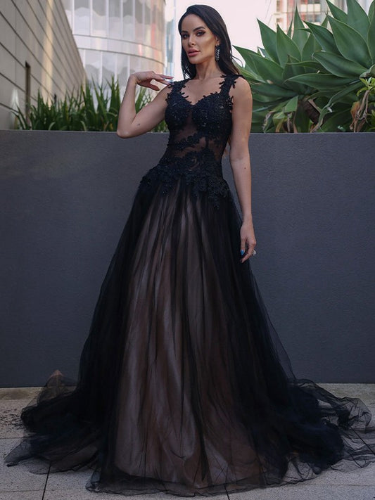 A-Line/Princess Tulle Lace Sweetheart Sleeveless Sweep/Brush Train Dresses Prom Evening Dress