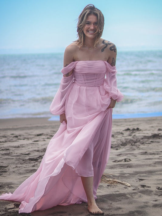 A-Linie/Princess-Linie 30D Chiffon Rüschen Schulterfrei Lange Ärmel Sweep/Pinsel Zug Kleider Ballkleid