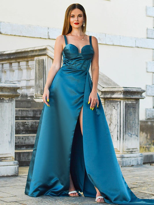 A-Line/Princess Satin Ruched Straps Sleeveless Sweep/Brush Train Dresses Prom Evening Dress