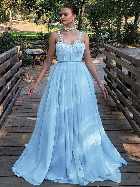 A-Line/Princess Applique Straps Sleeveless Court Train Dresses Prom Evening Dress