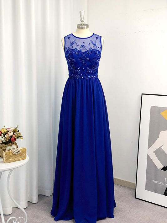 Vestido de noche de graduación de corte A/princesa, de gasa, con lentejuelas, escote redondo, sin mangas y largo hasta el suelo