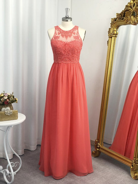 Vestido de noche de graduación con corte A/princesa, de gasa, con apliques, escote redondo y sin mangas hasta el suelo