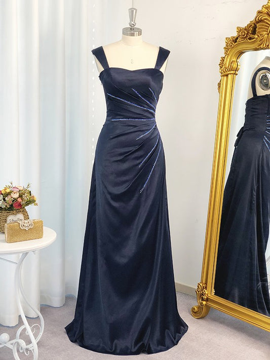 Vestido de noche de graduación con tirantes tipo A/princesa, sin mangas, de satén tipo seda, fruncido y largo hasta el suelo