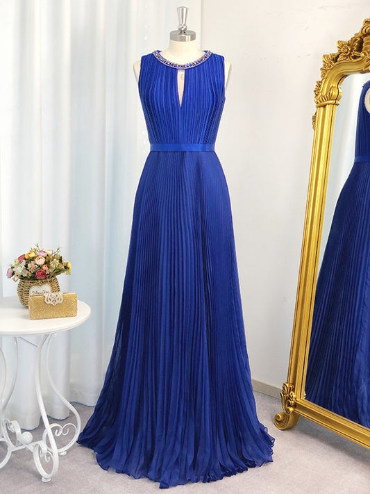 Vestido de noche de graduación de corte A/princesa, de gasa, sin mangas, largo hasta el suelo, con volantes y joya