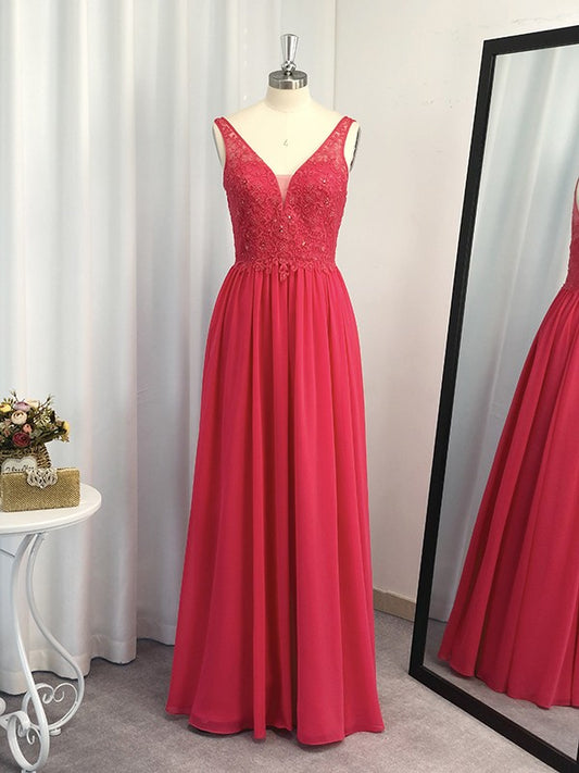 Vestido de noche de graduación de corte A/princesa, sin mangas, de gasa, con apliques y escote en V