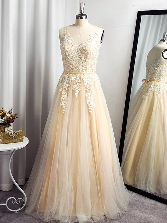 Vestido de noche de fiesta con corte A/princesa, sin mangas, con apliques de tul y tirantes hasta el suelo