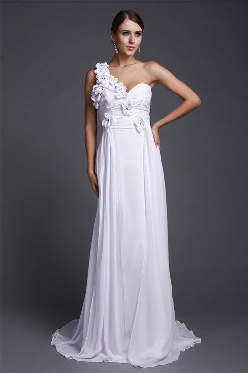 Vestido de noche de graduación de gasa largo sin mangas con flores hechas a mano de un solo hombro/princesa