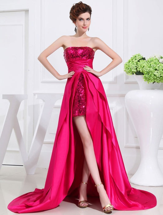 Vestido de fiesta de noche de tafetán sin mangas, corte A/princesa, con apliques, alto bajo y sin tirantes