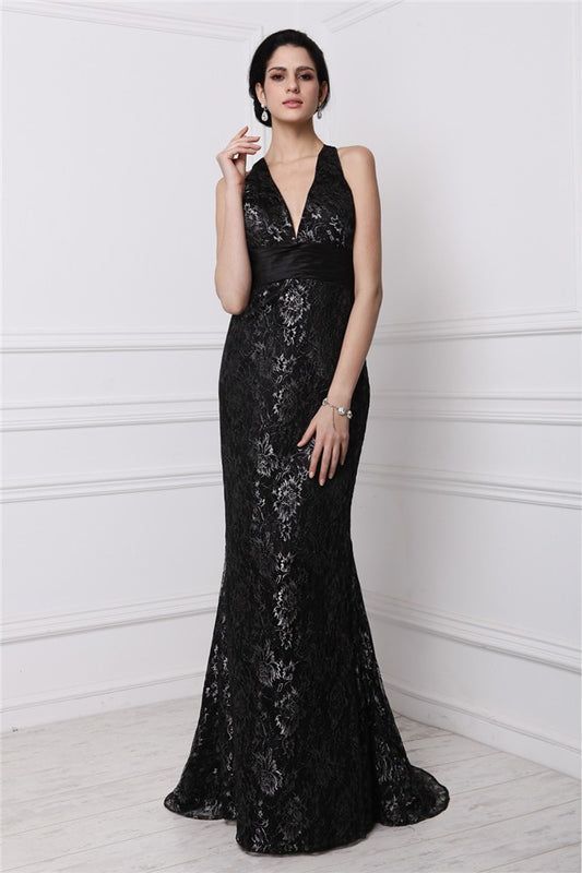 Vestido de noche de graduación con encaje largo, sin mangas, escote en V y corte tubo/columna