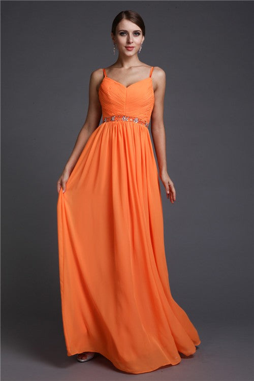 A-Line/Princess Spaghetti Straps Sleeveless Beading Long Chiffon Dresses Prom Evening Dress