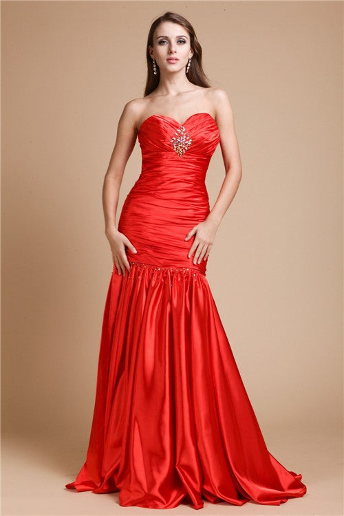 Vestido de noche de graduación con corte trompeta/sirena, sin tirantes, con abalorios, largo de satén tipo seda