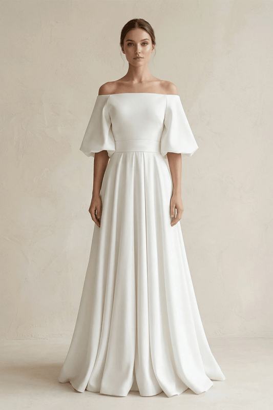 Off-the-Shoulder A-Line Satin Wedding Dress With Short Sleeves in White