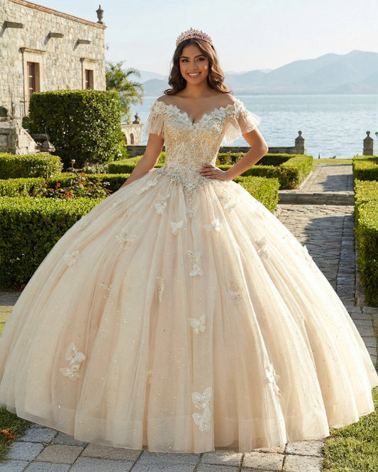Off The Shoulder Butterfly Quinceanera Dress Glitter Ball Gown