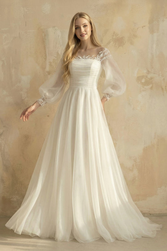 Elegant Simple Beach A-Line Lace Organza Floor Zipper Low-V BackWedding Dress with Sheer Sleeve