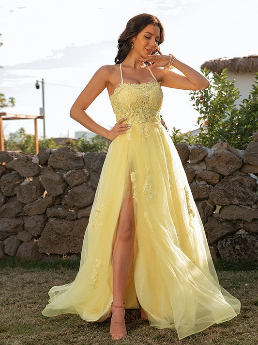 A-Line/Princess Tulle Applique Halter Sleeveless Sweep/Brush Train Dresses Prom Evening Dress