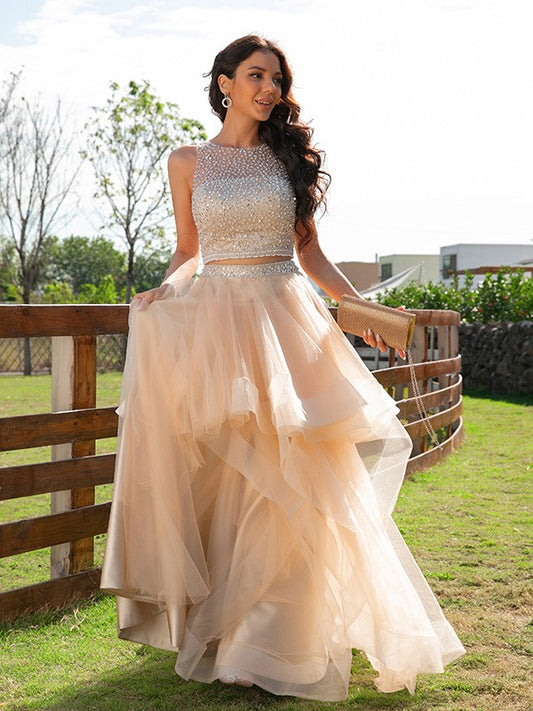 A-Line/Princess Tulle Beading Scoop Sleeveless Floor-Length Two Piece Dresses Prom Evening Dress