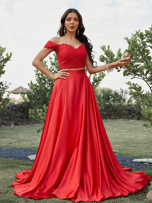 A-Line/Princess Silk like Satin Applique Off-the-Shoulder Sleeveless Sweep/Brush Train Two Piece Dresses Prom Evening Dress