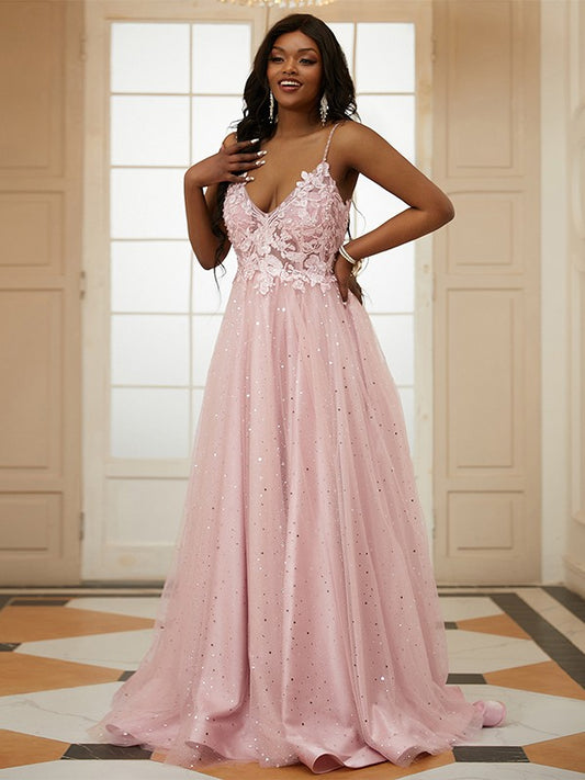 A-Line/Princess Tulle Applique V-neck Sleeveless Sweep/Brush Train Dresses Prom Evening Dress