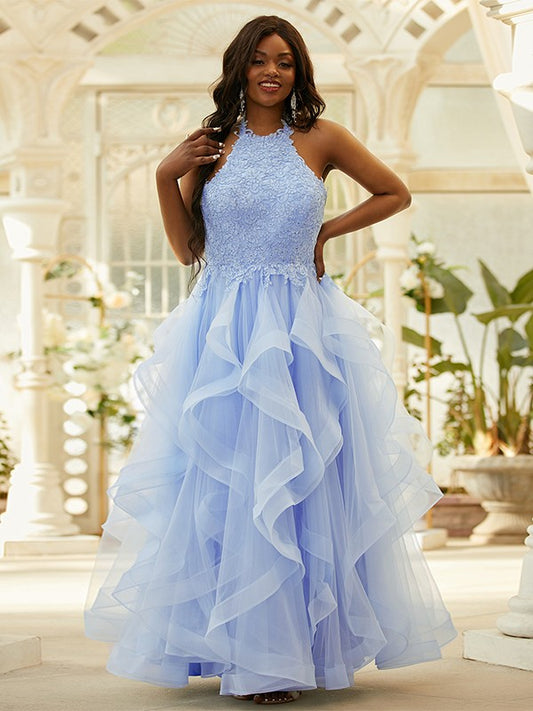 A-Line/Princess Tulle Applique Halter Sleeveless Floor-Length Dresses Prom Evening Dress
