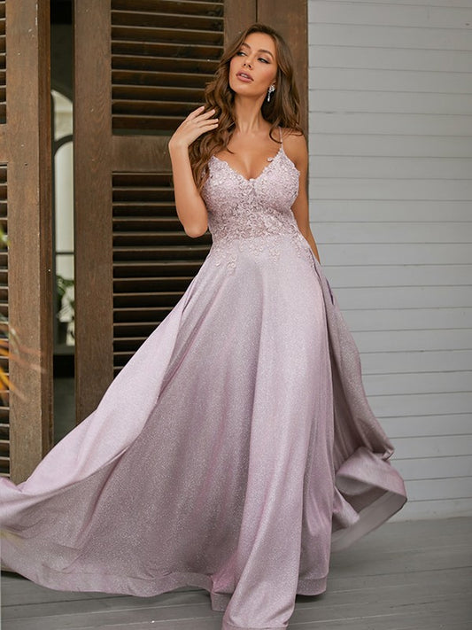 A-Line/Princess Applique V-neck Sleeveless Floor-Length Dresses Prom Evening Dress