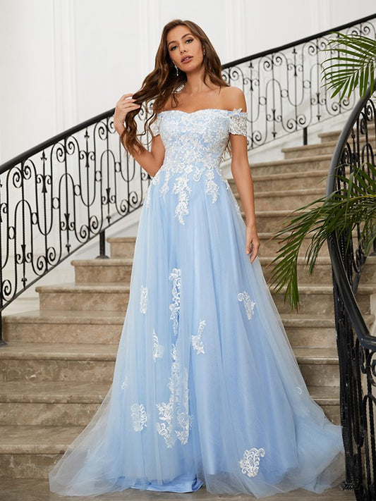 A-Line/Princess Tulle Applique Off-the-Shoulder Sleeveless Sweep/Brush Train Dresses Prom Evening Dress