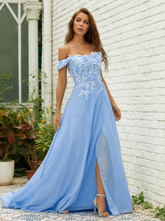 A-Line/Princess Chiffon Applique Off-the-Shoulder Sleeveless Sweep/Brush Train Dresses Prom Evening Dress
