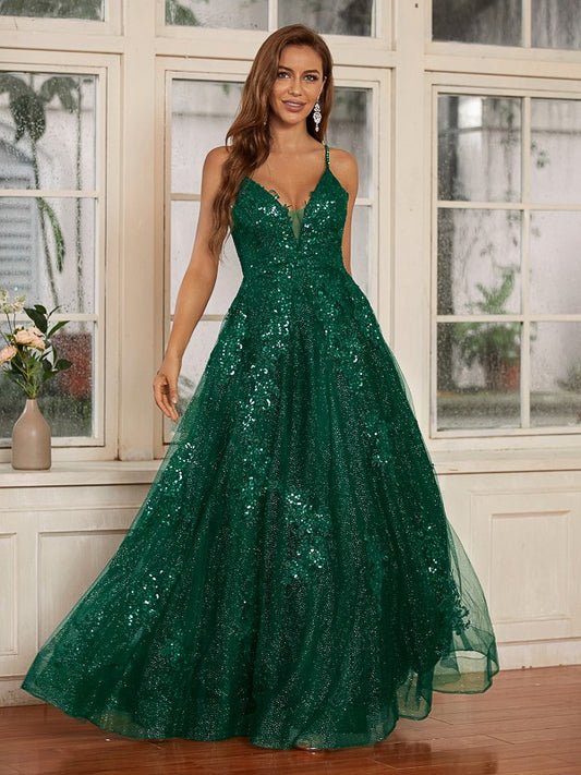 A-Line/Princess Lace Applique V-neck Sleeveless Floor-Length Dresses Prom Evening Dress