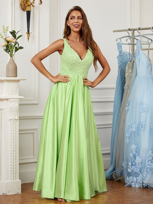 Vestido de noche de graduación con corte A/princesa, de satén con efecto seda, encaje, escote en V, sin mangas y largo hasta el suelo