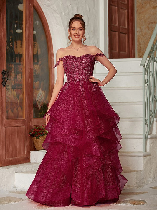 A-Line/Princess Applique Off-the-Shoulder Sleeveless Floor-Length Dresses Prom Evening Dress Ball Gowns