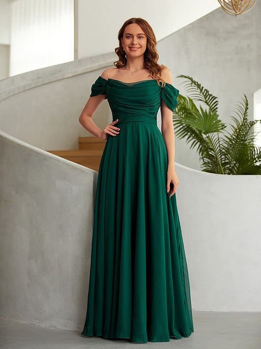 A-Line/Princess 30D Chiffon Ruched Off-the-Shoulder Sleeveless Floor-Length Dresses Prom Evening Dress