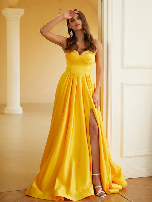 A-Line/Princess Satin Ruffles Spaghetti Straps Sleeveless Floor-Length Dresses Prom Evening Dress