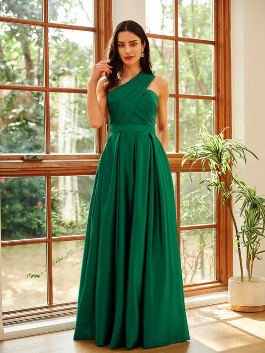 A-Line/Princess Satin Ruched One-Shoulder Sleeveless Floor-Length Dresses Prom Evening Dress