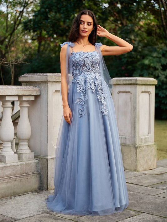 A-Line/Princess Tulle Applique Straps Sleeveless Floor-Length Dresses Prom Evening Dress