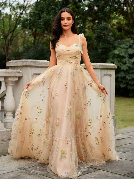 A-Line/Princess Lace Ruffles Straps Sleeveless Sweep/Brush Train Dresses Prom Evening Dress