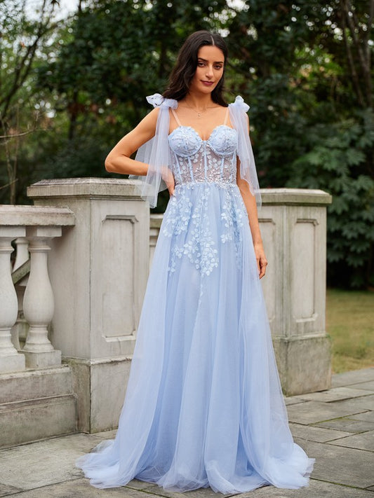 A-Line/Princess Tulle Applique Straps Sleeveless Sweep/Brush Train Dresses Prom Evening Dress